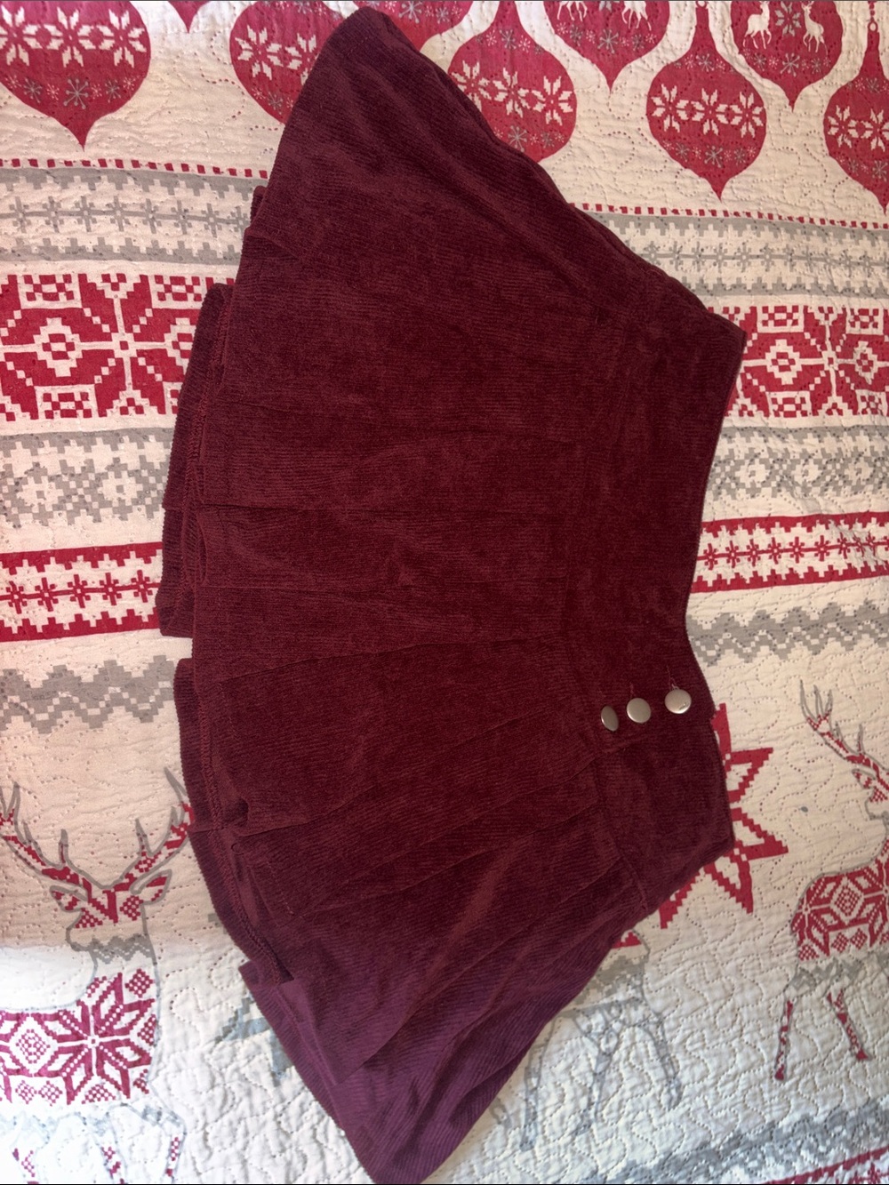 Windsor Burgundy Corduroy Pleated Skater Skirt with Button Detail